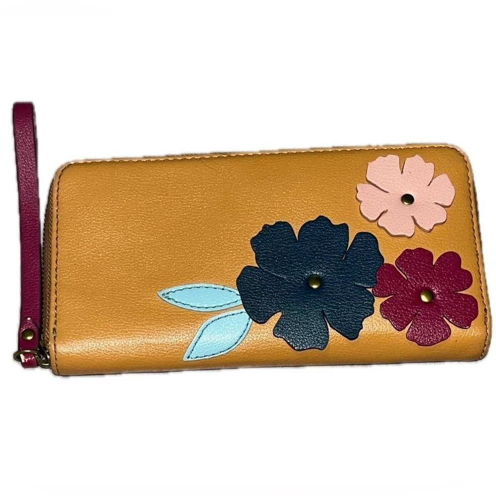 Fossil Brown Leather Flowers Zip Around Women’s Wallet Wristlet, GUC